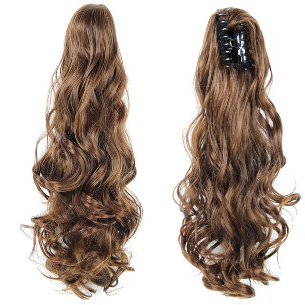 Extensiones de cola de caballo sintéticas onduladas y rizadas color castaño 7