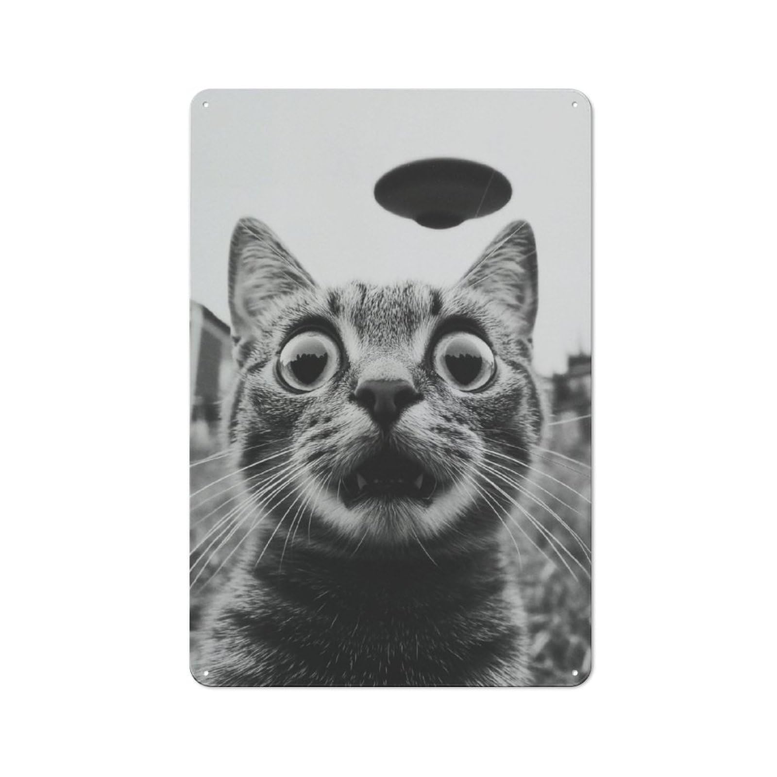 Junmoney Selfie Cat And Ufo Metal Plaque 30X20cm With For Hallway Wall, Rustic Decor, For Garage, Workshop And Man Cave Decoration