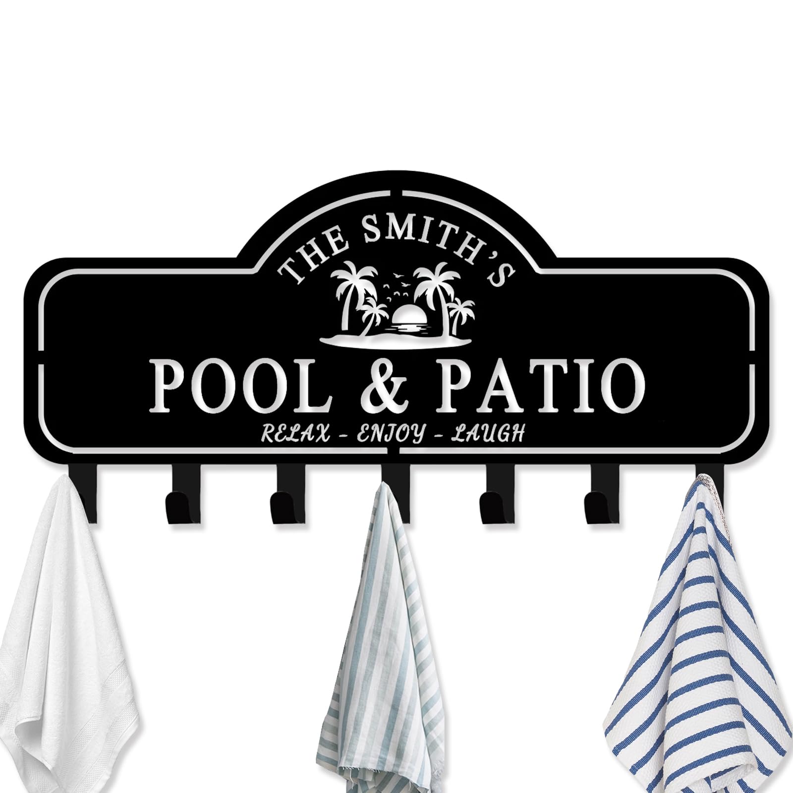 LMYSXAOZ Custom Pool Towel Rack Wall Mount Personalized Name Metal Sign Poolside Hook Outdoor Holder Organizer Accessories for Robe, Towel, Coat, Swimsuit, Umbrella, Bag, Keys (Style 3)