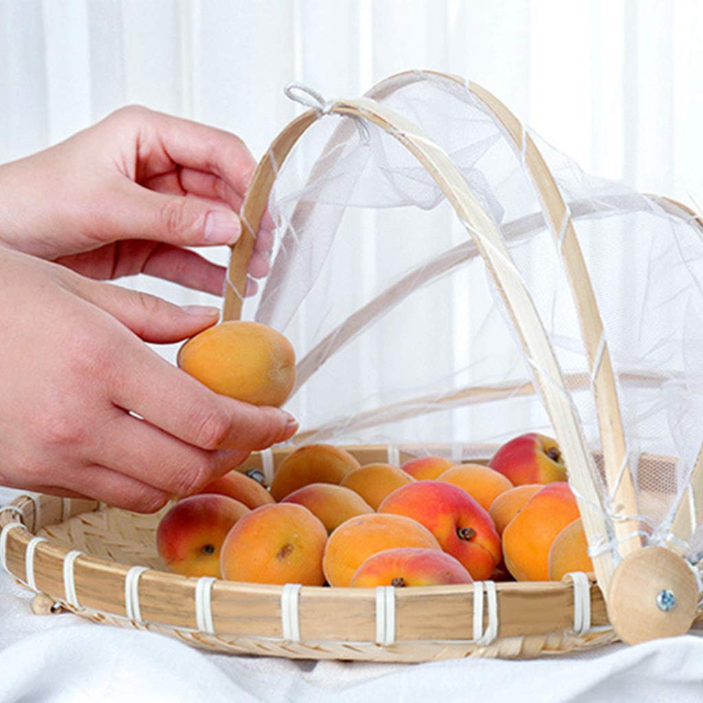 Corbeille à fruits et légumes en bambou tissé à la main avec filet anti-moustique anti-insectes rond en osier résistant à la poussière Plateau pique-nique nourriture pain