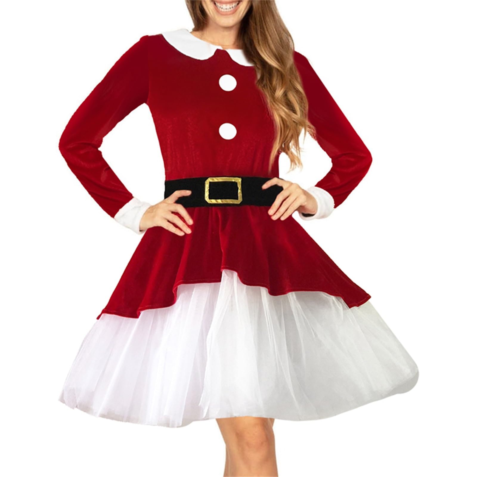 Edhomenn Women Christmas Santa Claus Dress Velvet Long Sleeve Babydoll Mesh Hem Fancy Dress Cosplay Sets (Red, S)