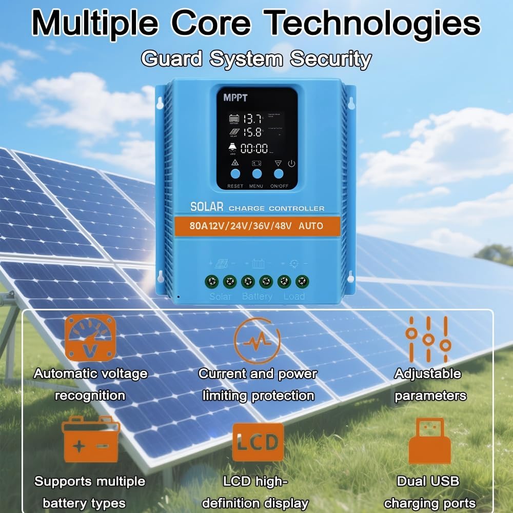 Upgraded 80A Smart Solar Laderegler, 12V 24V 36V 48V Autosensing, Max. 100V PV-Eingang, 99.5% Effizienz LCD-Display mit Dual-USB, für Blei-Säure/Lithium (LiFePO4) Batterien