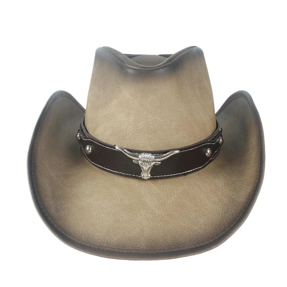 Cappello da Cowboy e Cowgirl con Testa di Toro, Fascia in Pelle, Decorazione for Uomo e Donna, Berretto da Jazz con Tesa Larga