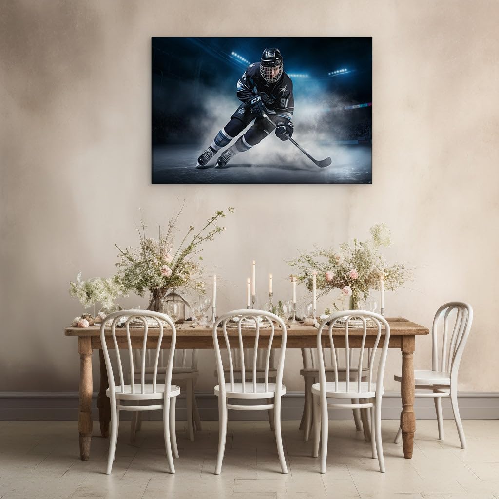 Canvas for Living room. Gripping the Game: A Hockey Player's Frozen Standoff Under the Spotlight, 27 x 18 inch Canvas Wall Art - Ready to Hang