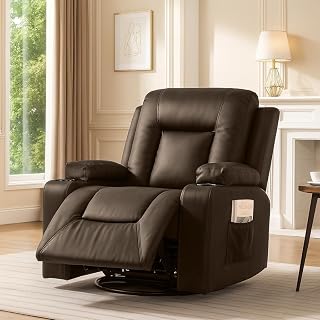 COMHOMA Brown PU Swivel Rocking Recliner Chair for Adults - 360° Swivel, Cup Holders, Side Pockets, Easy Assembly
