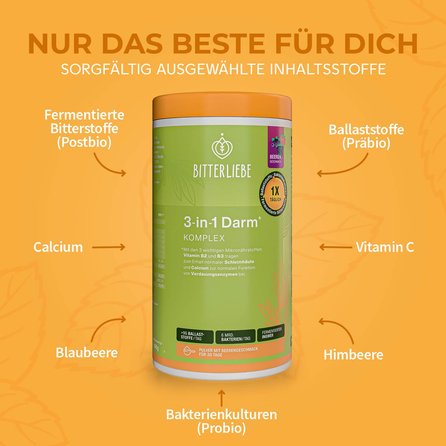 BitterLiebe - 3in1 Darm Komplex - Darmkur Pulver mit 9g Ballaststoffe & 6 Mrd. Darmbakterien - Darmflora aufbauen *, Darmgesundheit * - L Glutamin, Akazienfaser, Inulin und Verdauungsenzyme