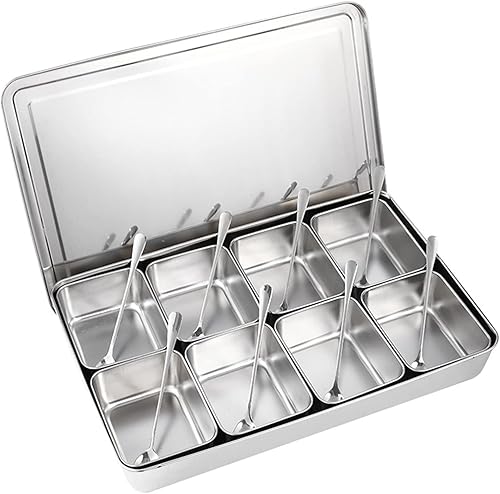 Mokernali Juego de 8 cajas de condimentos, caja de condimentos de 8 rejillas, caja de especias de aleación de aluminio, recipientes de