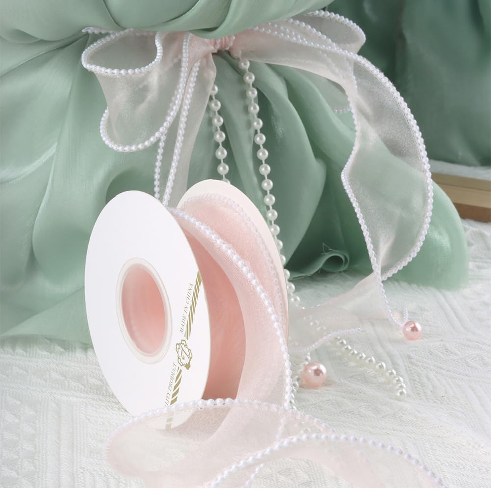CABODYALS 4.57M 40mm Faux Pearl Edged Pink Organza Ribbon Fishtail Transparent Wired Chiffon Trim Smooth Sheer Mesh Ribbons Rolls with Spool for Sewing Making Crafts Bouquet Decorations DIY Supply - Image 3