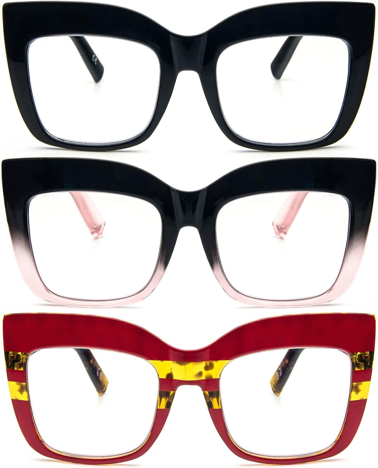 REAVEE 3 Pack Oversized Reading Glasses for Women Thick Large Frame Blue Light Blocking Stylish Computer Readers Spring Hinge