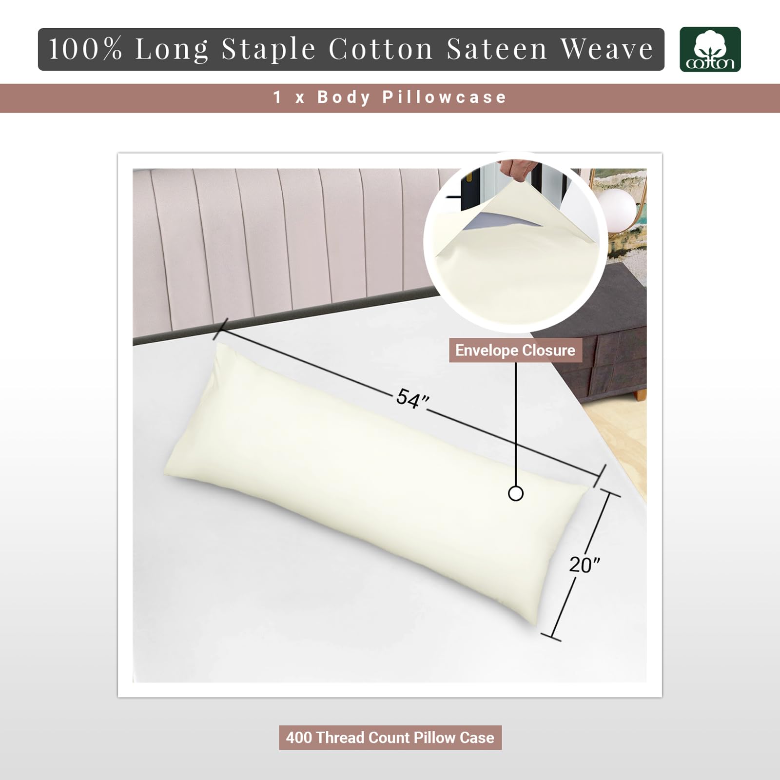 Pizuna Cotton Off White Body Pillow Cover 1 Piece Only, 400 Thread Count 100% Long Staple Cotton Body Pillow Case 52x140 cm - Image 3