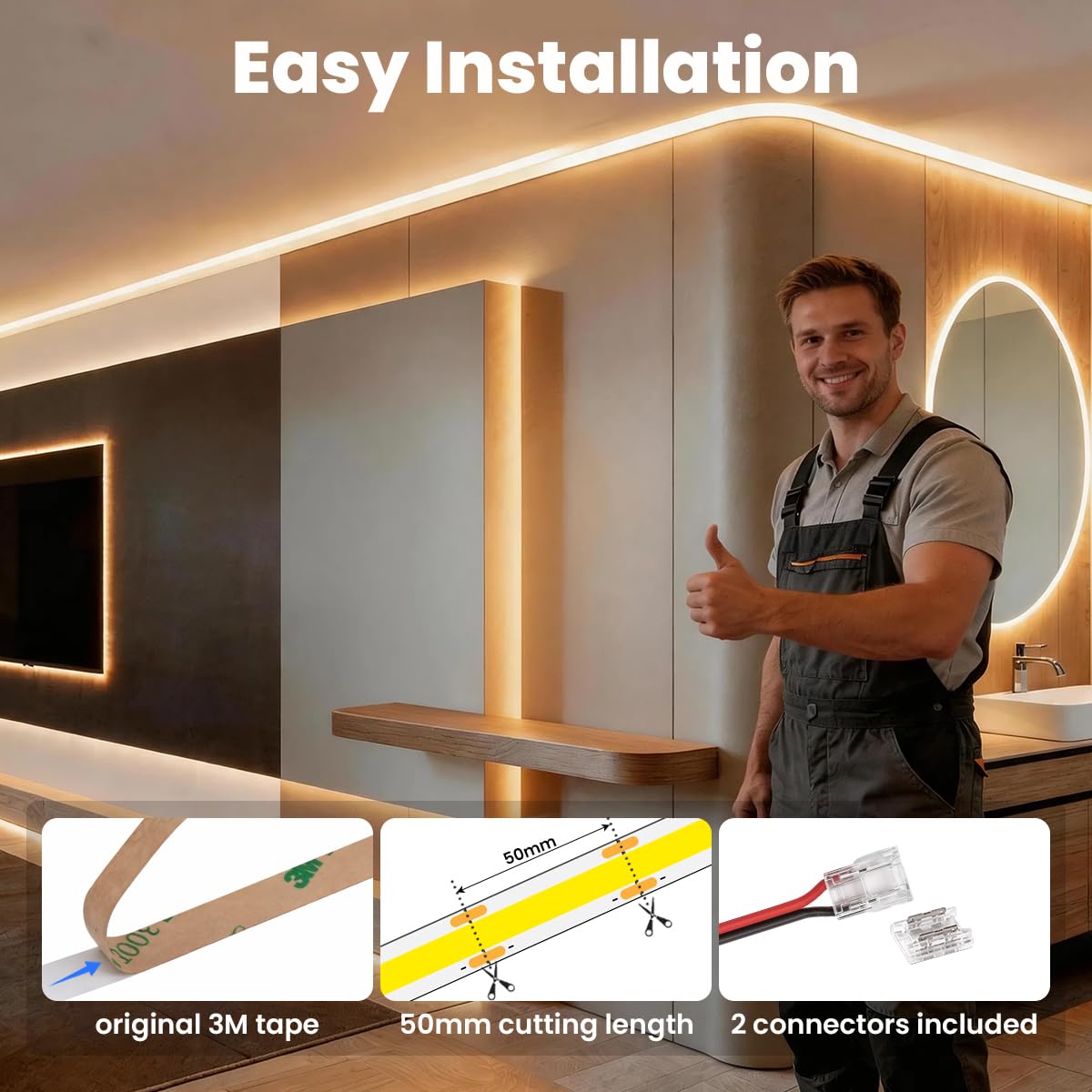 48V COB LED Streifen Warmweiß 3000K 20m 480LEDs/m CRI90+ Dimmbar Selbstklebend LED Strip Licht Band Leiste Kette