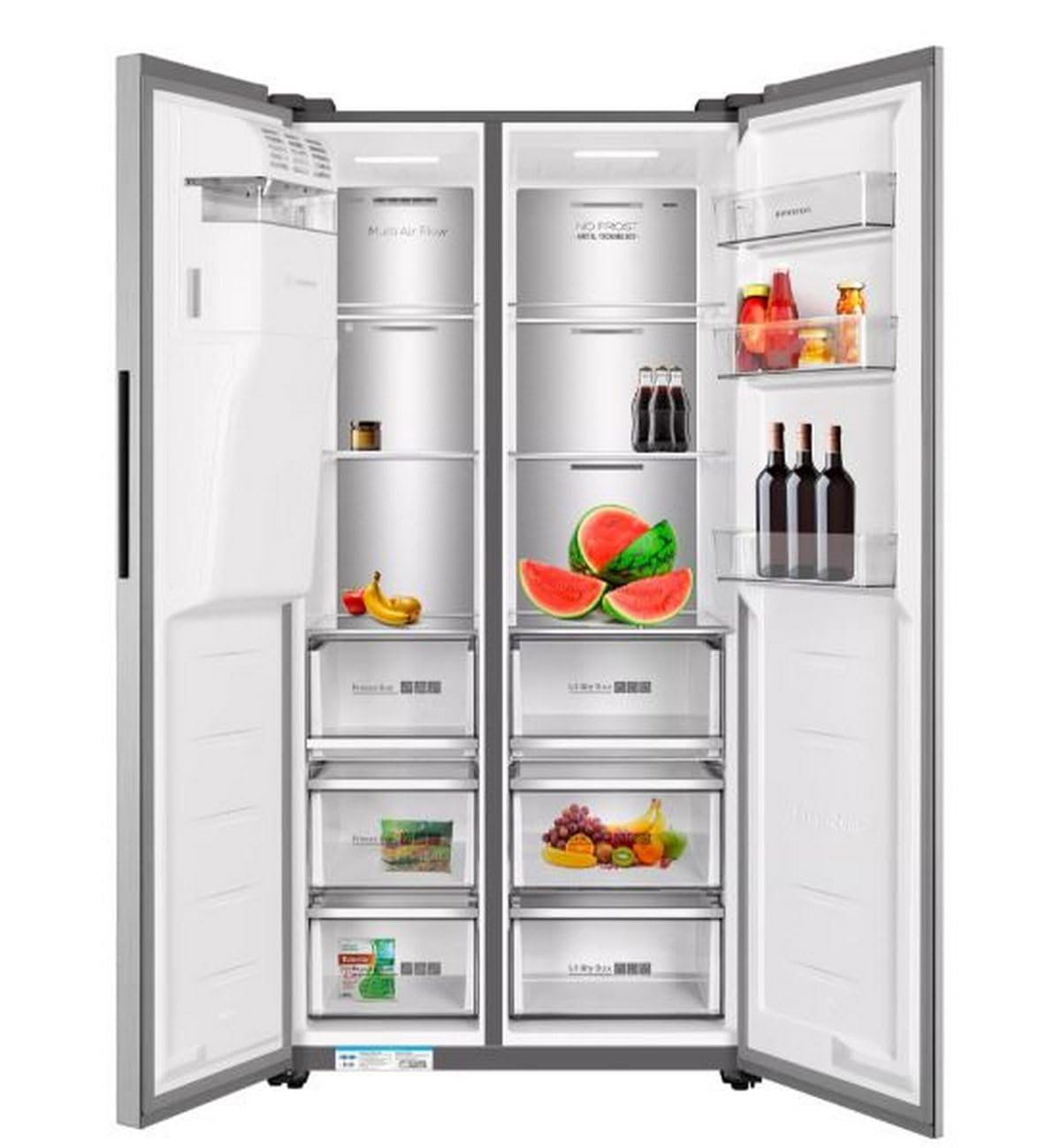Frigorifico Americano Infiniton SBS-591A85XEI, 591 Litros, Total No Frost, E, Dispensador de Agua e Hielo requiere toma de agua, Inox Antihuellas, Panjtalla LCD, 39 dB