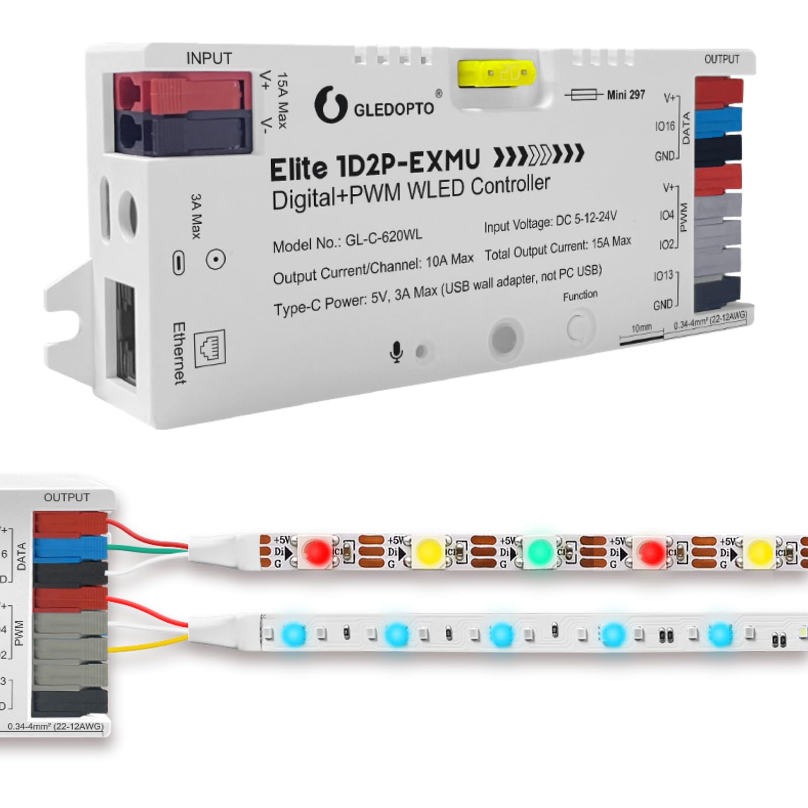 GLEDOPTO Elite 1D2P-EXMU WLED Controller, Digital & PWM LED Strip Controller with Ethernet & Sound Reactive, 15A Max, Works with Alexa/HA, DC 5-24V, 20A Fuse & Energy-Saving Relay (620WL)