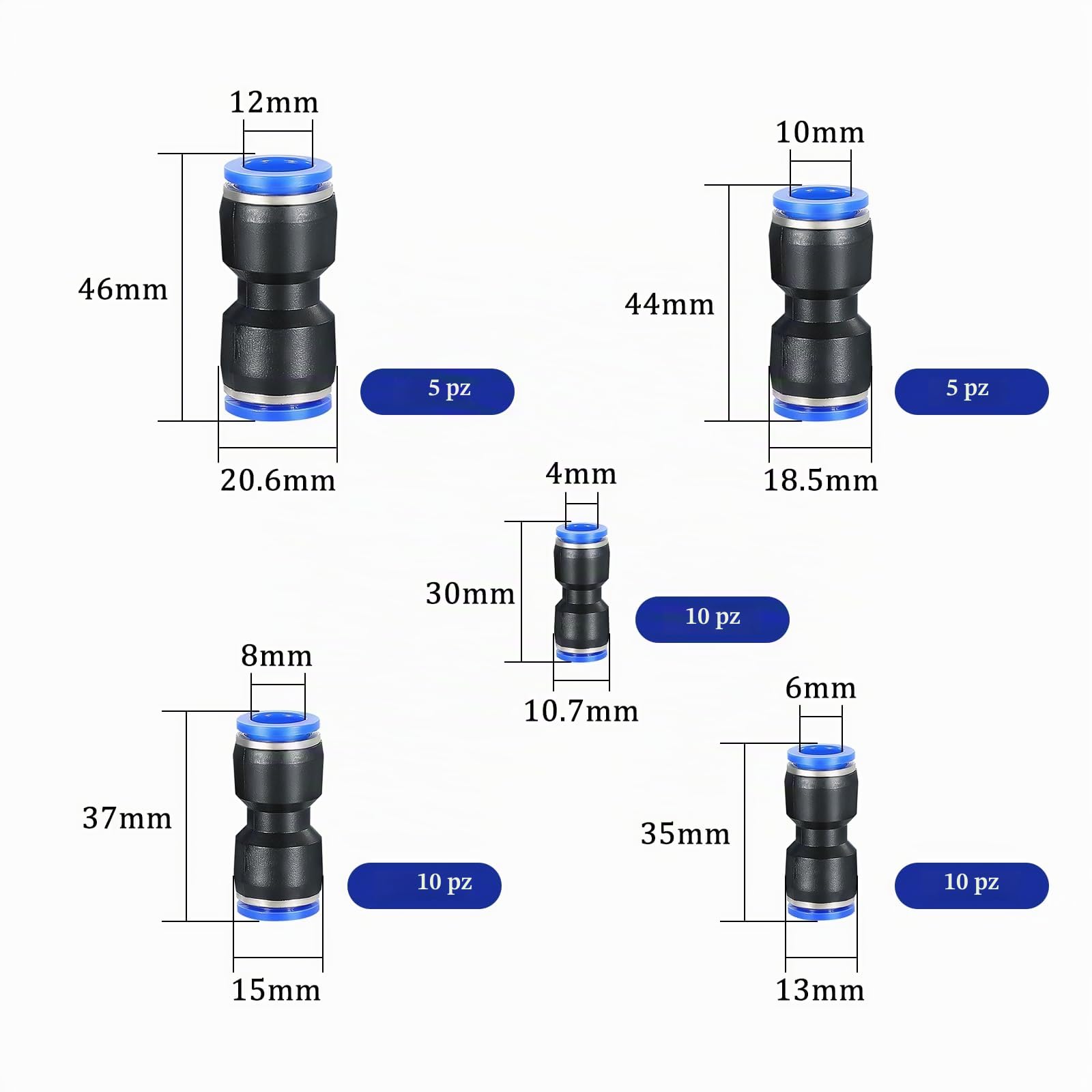 CONNECTION 40 Pezzi Raccordi Aria Compressa Dritto 4,6,8,10,12 mm Attacchi Rapidi Arià Compressa in Plastica Riduttori Ràccordi Pneumatici Pneumatica Raccordo Rapidi per Tubo Aria Vuoto