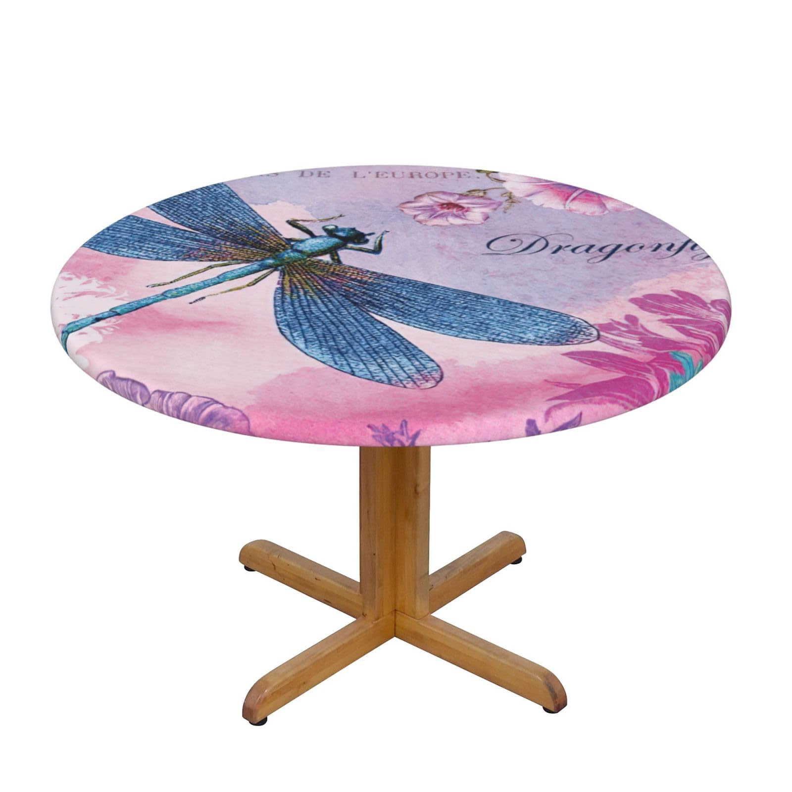 DUWAA Pink Flower And Blue Dragonfly Print Oxford Fitted Table Cover For Patio Picnic, Waterproof Round Tablecloth For Home And Outdoor