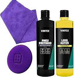 Vonixx Kit de Limpeza Automotiva Premium, Shampoo pH Neutro Lava autos 500ml, Protetor para Pneus PNEU PRETINHO 500ml, Espuma Aplicadora 95x20mm, Toalha Microfibra 40x40cm, 4 Peças
