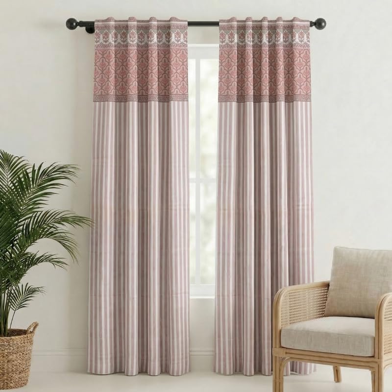Image of Peepul Tree Pure Cotton Door Curtain in Dusty Pink and Off White with Ornate Florals and Bold Stripes| Set of 1 | 7 ft | Semi Blackout with 70% Light Blocking | Royal Courtyards Collection