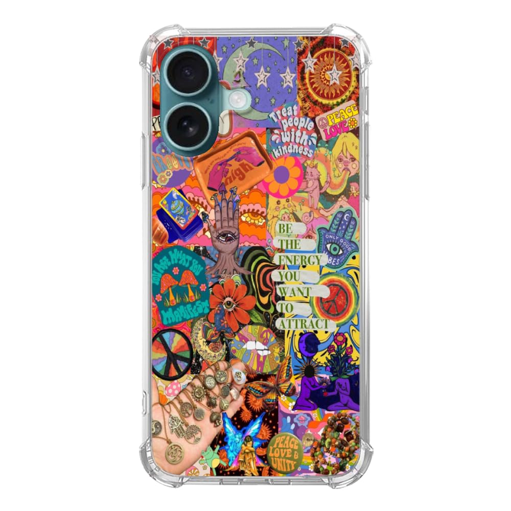 RYEDORP Bohemian Vibes Collage Case Compatible with iPhone 16 Plus, Hippie Aesthetic Case for iPhone 16 Plus, Cool TPU Shockproof Case Cover