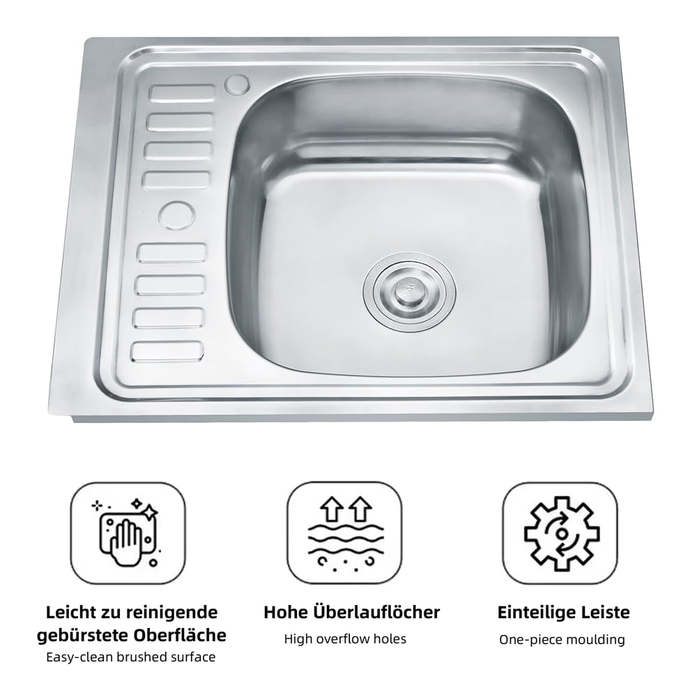 Mucola Küchenspüle Edelstahl Einbauspüle Abtropffläche Links 60x50 cm | Rundbecken, Anti-Kondensbeschichtung, satinierte Oberfläche, hygienisch, pflegeleicht, kratzfest, Silber