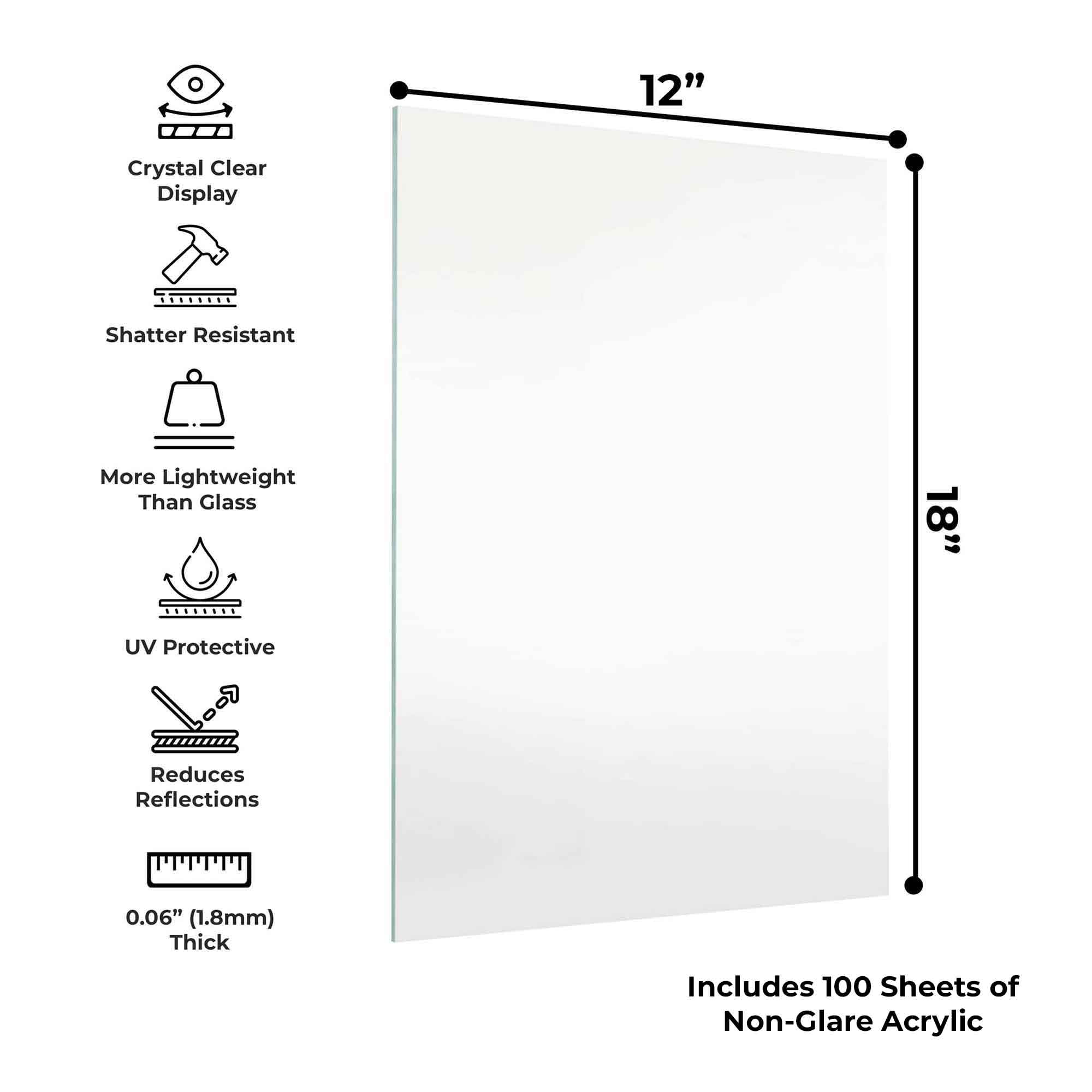 100-Pack of 12x18 inch Non Glare Acrylic/Plexiglass Sheets (1.5mm Thickness), Transparent Clear Flexible Panels for Picture Frames, Craft, Sign Blanks, DIY Display Projects