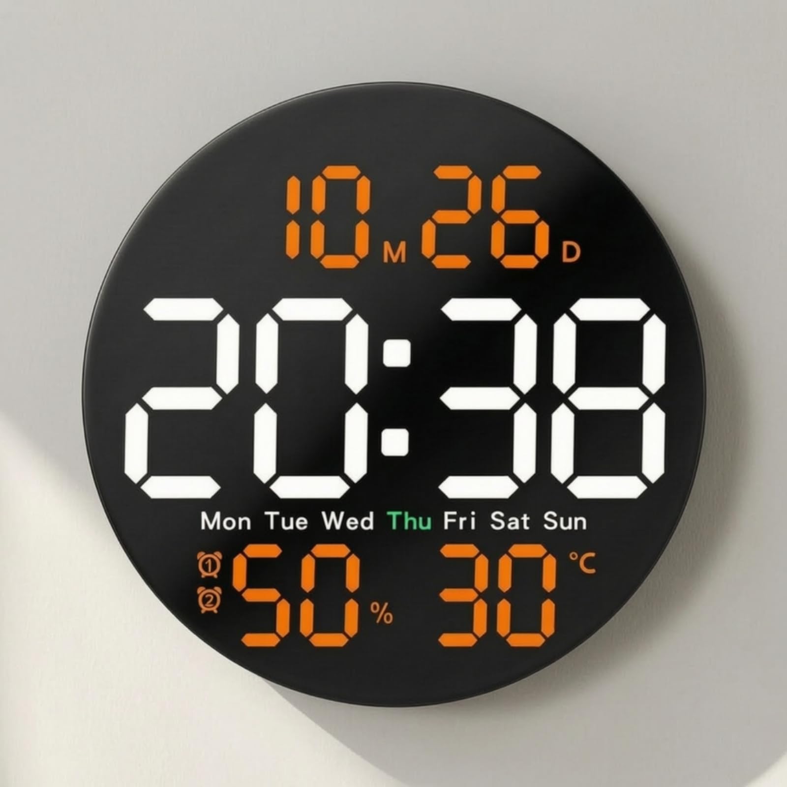 Orologio da Parete Soggiorno Digitale LED Calendario Sveglia Attiva Termometro Igrometro Display Chiaro Corpo in Plastica Adatto per Salotto Camera da Letto Studio Ufficio