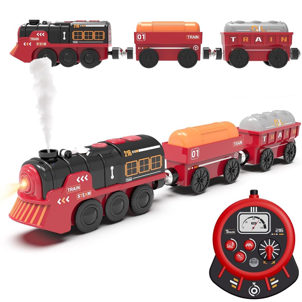 TOPLIVING Electric remote control train model on wooden tracks, remote controlled and motorized train with light, sound and smoke effects. Steam locomotive, compatible with