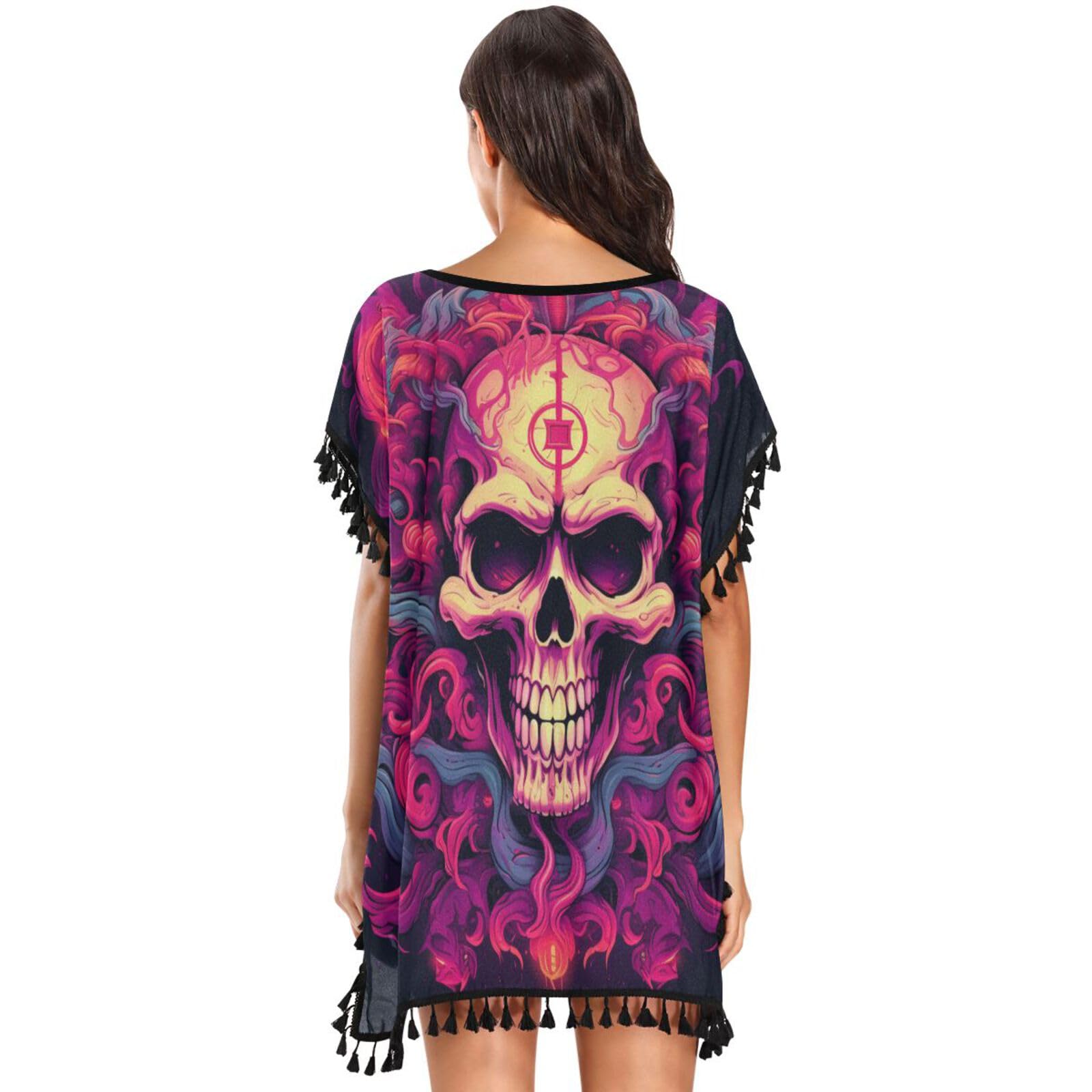 Cool Skull Flame Art Women's Beach Cover Up Chiffon Tassel Swimwear Swimsuit Coverups for Girl