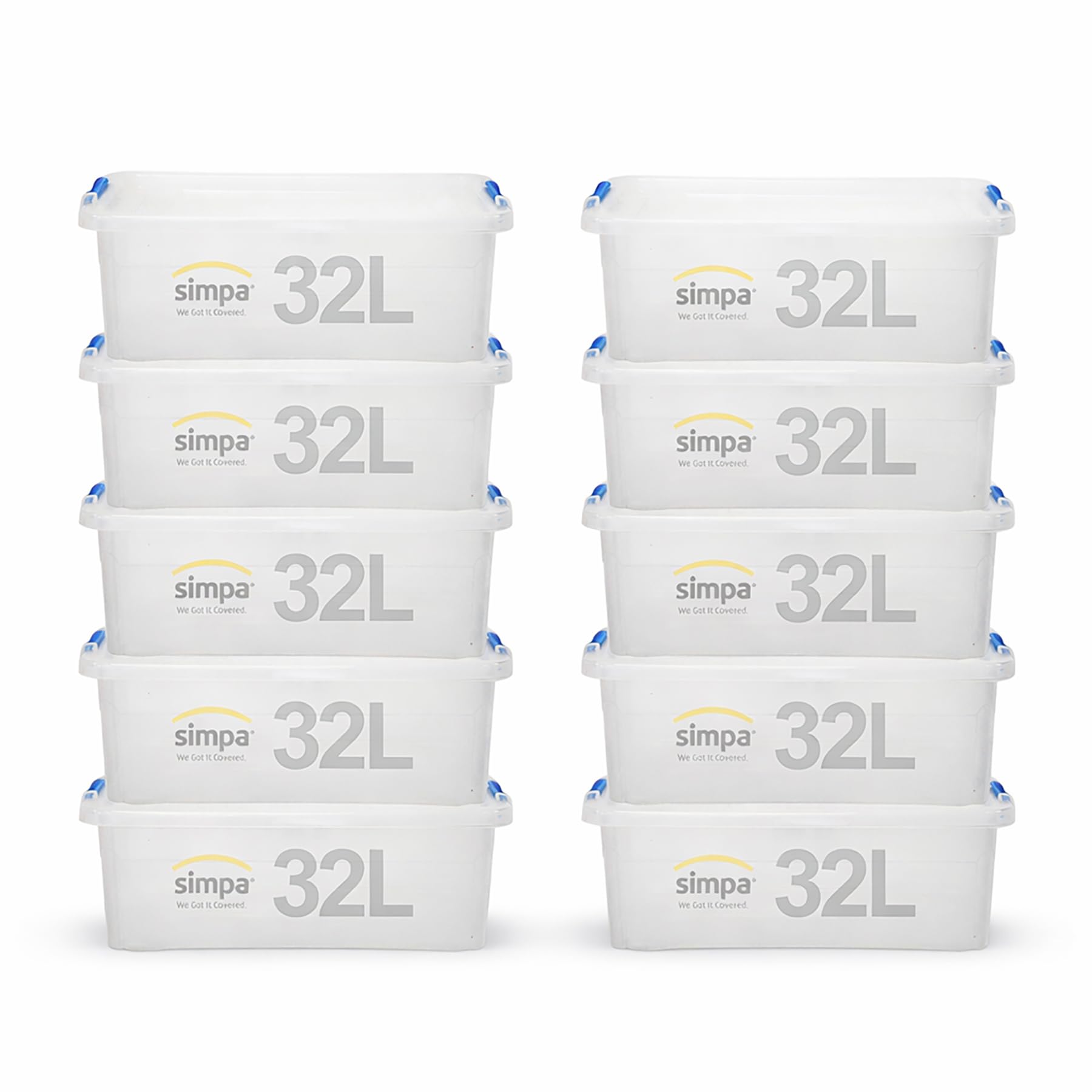 Simpa Clear 32 Litre 32L Stackable Compact Under Bed Plastic Storage Box With Click Lock Closure Lid - 19Cm (H) X 58Cm (L) X 40Cm (W) - Set Of 10