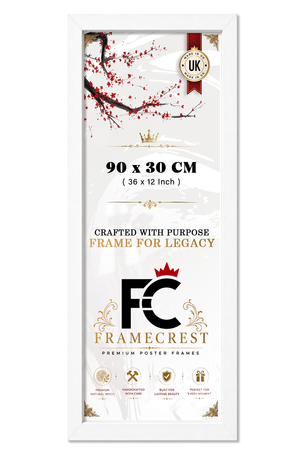 FRAMECREST LTD 30 X 90 CM Panoramic Poster Frame | Engineered Wood Construction, Wall Mounted Gallery Frame For Living Room Or Office — Minimalist Print Display With Clear HD Styrene - [White]