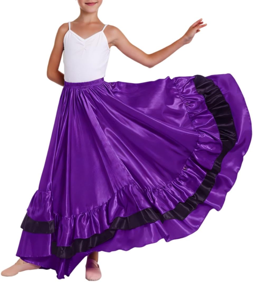 Satin Ruffle Long Full Flowy Circle Dance Skirt for Girls