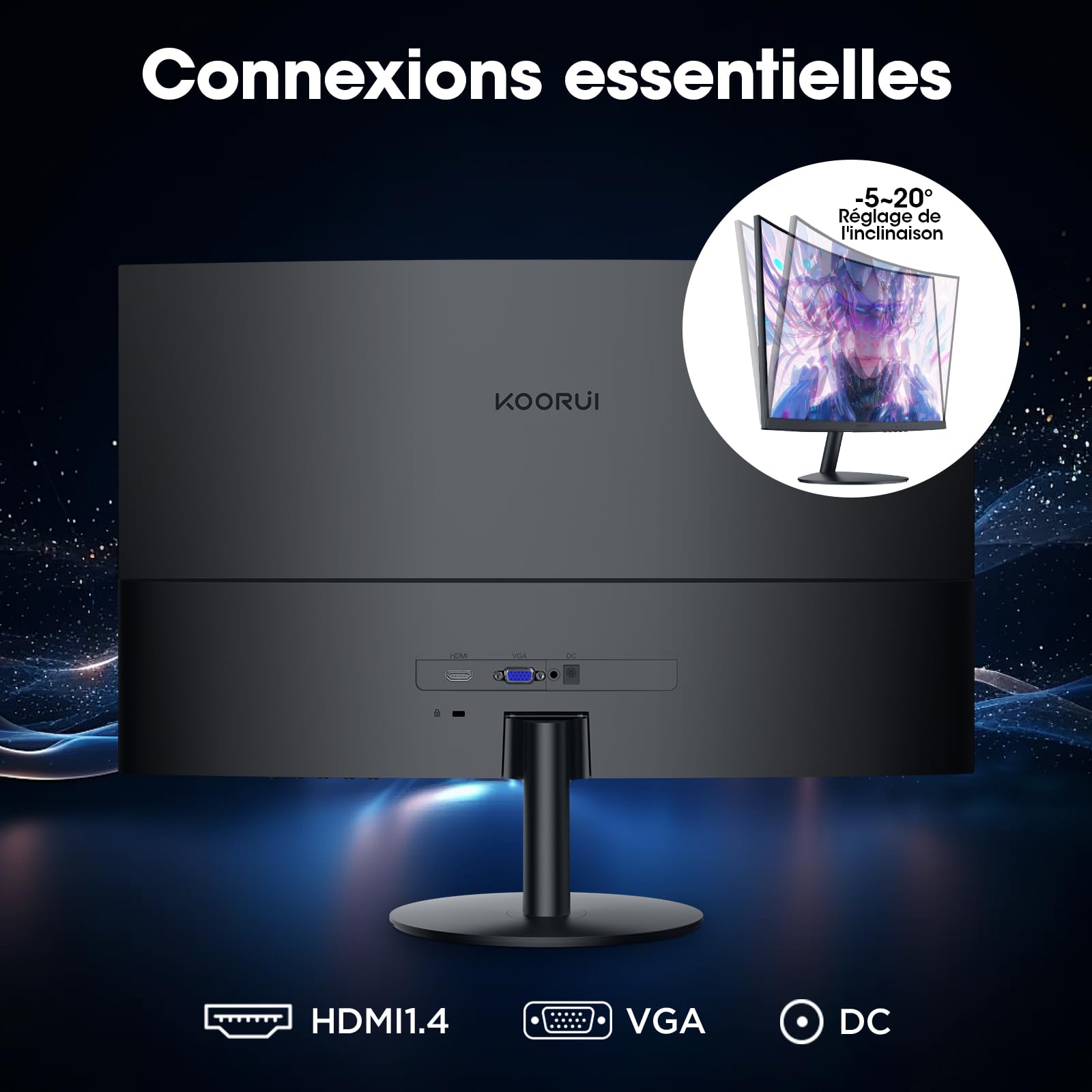 KOORUI Monitor Curvo - 23,6 Pulgadas Full HD (1920 x 1080 a 100 Hz, VA, 3 ms, Curvatura 1500R, HDMI, VGA,Ajustables, Antirreflejo, Inclinación Eye Ease,Monitor Gaming) Negro