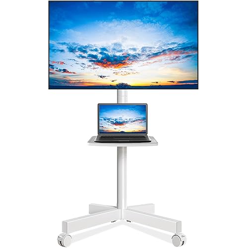 Rfiver Mobile TV Stand for 23-60 Inch LCD LED Flat/Curved Panel Screen TVs up to 88 lbs, Rolling TV Stand with Adjustable Shelf & Tilt, Portable Floor Stand on Wheels for Bedroom, Living Room, White - White - 23-60 inch