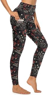 Skull Motorcycle Cool Print Leggings for Women, High Waisted Soft Yoga Pants Gym Workout Leggings with Pockets