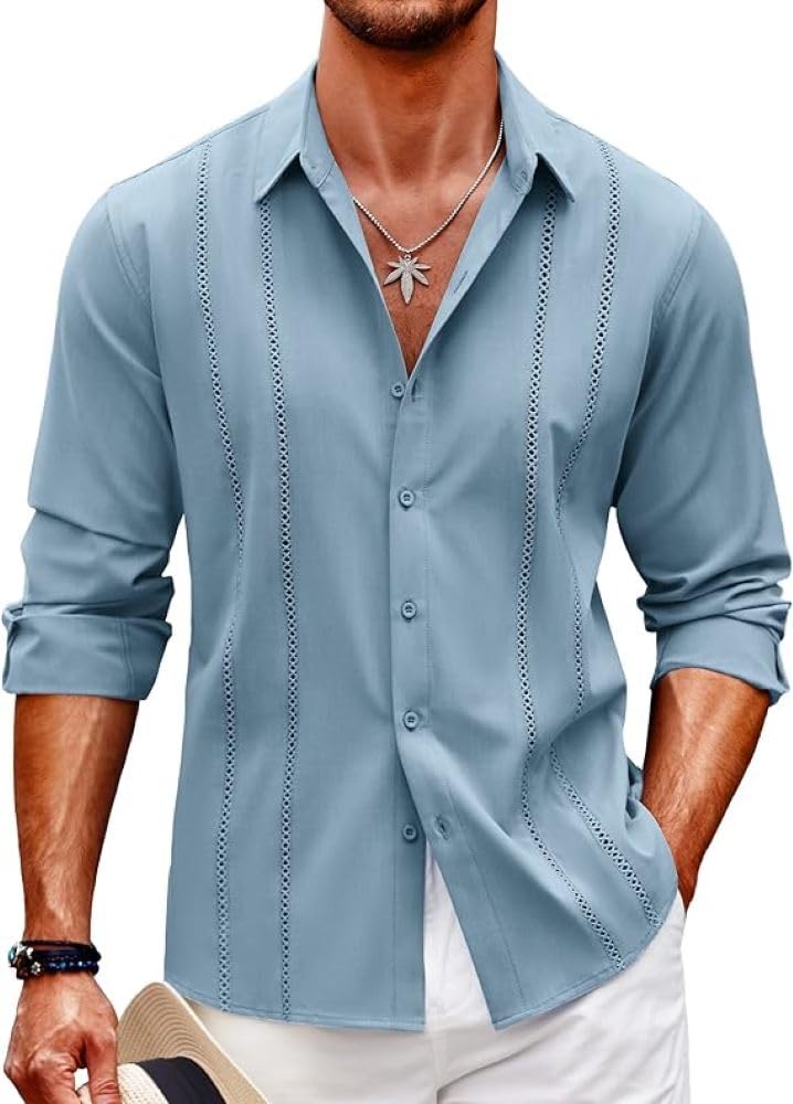 Mens Cuban Guayabera Shirt Casual Style Button Down Shirts Long Sleeve Summer Beach Shirts Blue XL
