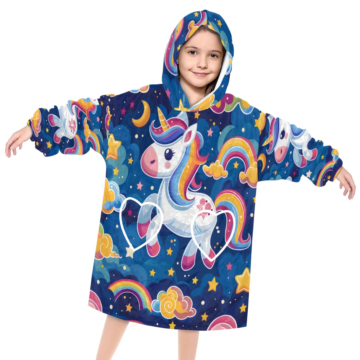 Wearable Blanket Hoodie for Kids, Rainbow Unicorn Fleece Sweatshirt Blanket Oversized Blanket Sweatshirt with Pocket Flannel Warm Hooded Blanket 6-10 Year Old Girl Boy Gift, One Size