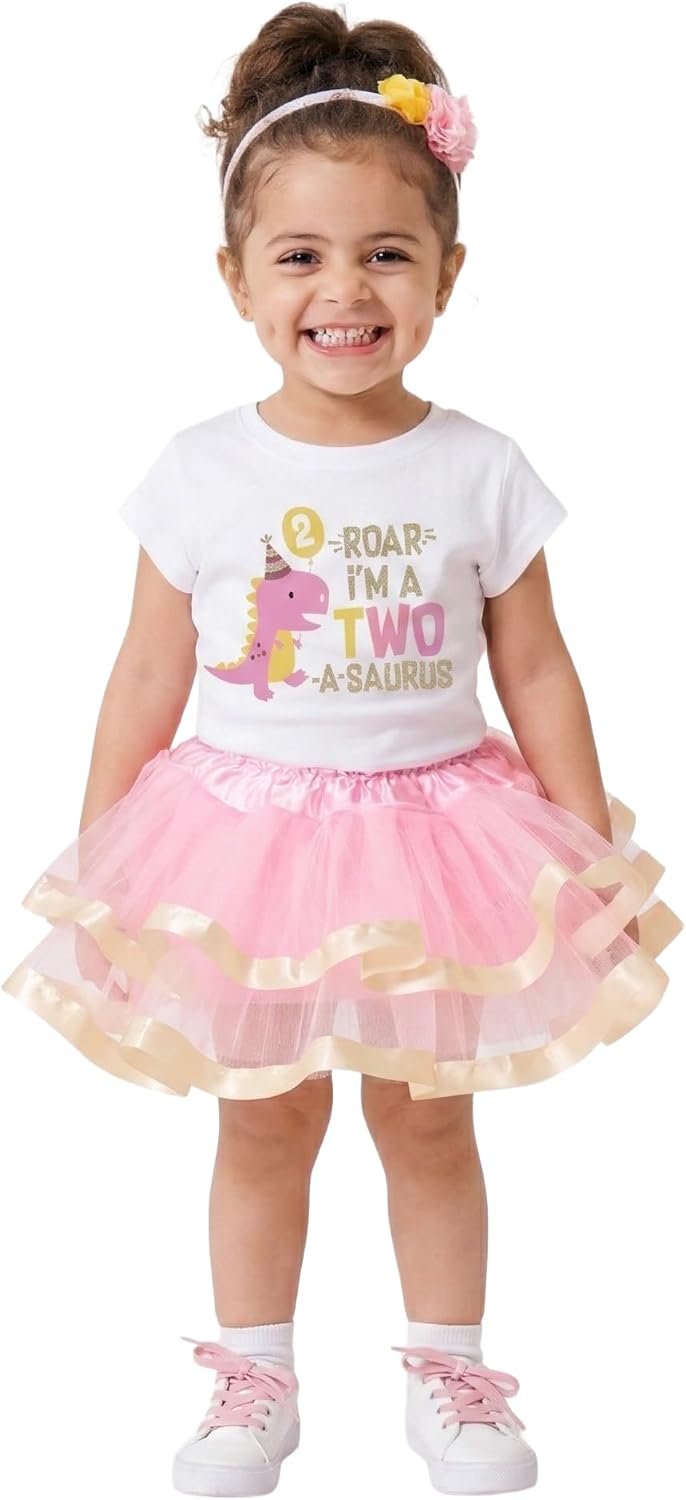 Luke and Lulu 2 Year Old Girl Dinosaur Birthday Outfit - Two Rex Pink Gold Dress with Headband for Toddlers