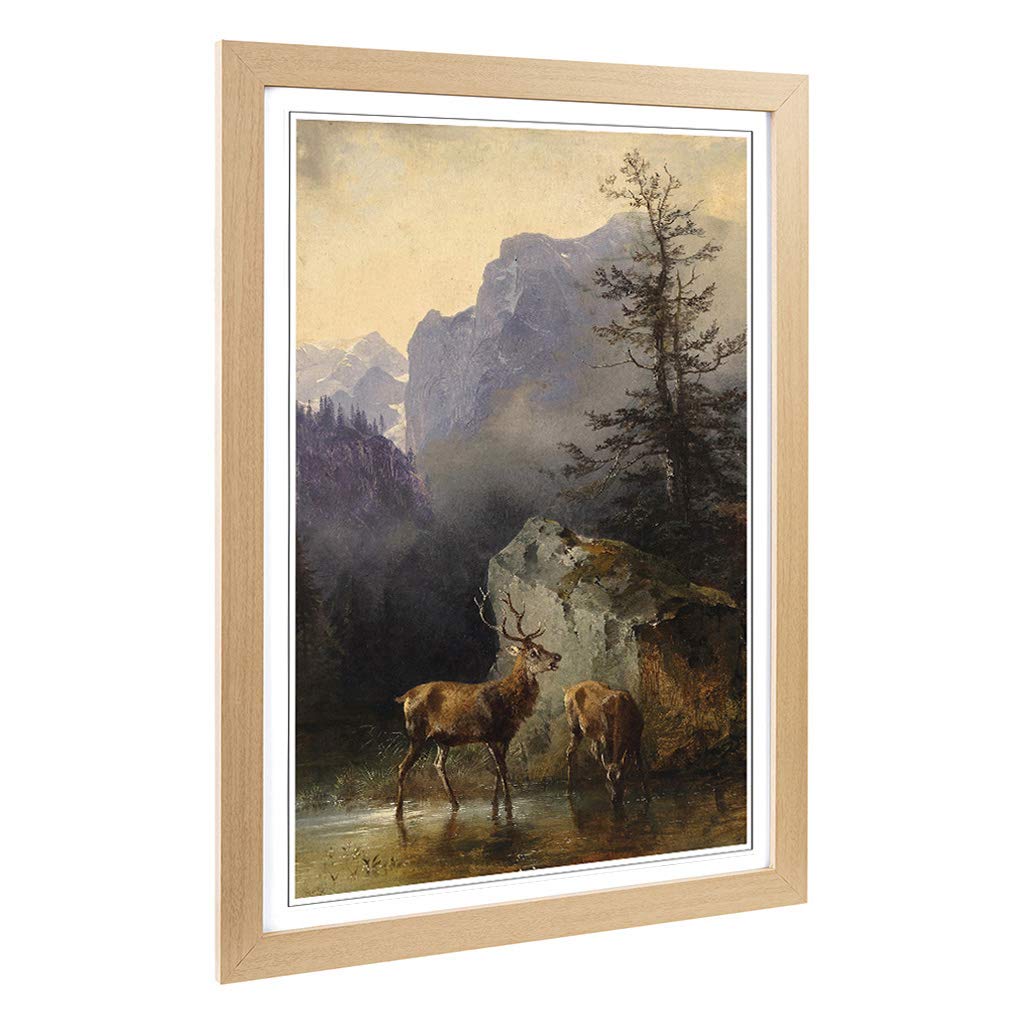 Big Box Art Framed Print of Friedrich Gauermann Deer and Stag Design | Wall Art Picture | Home Decor for Kitchen, Living Room, Bedroom, Hallway, Oak, A2 / 24.5x18 Inch / 62x45cm
