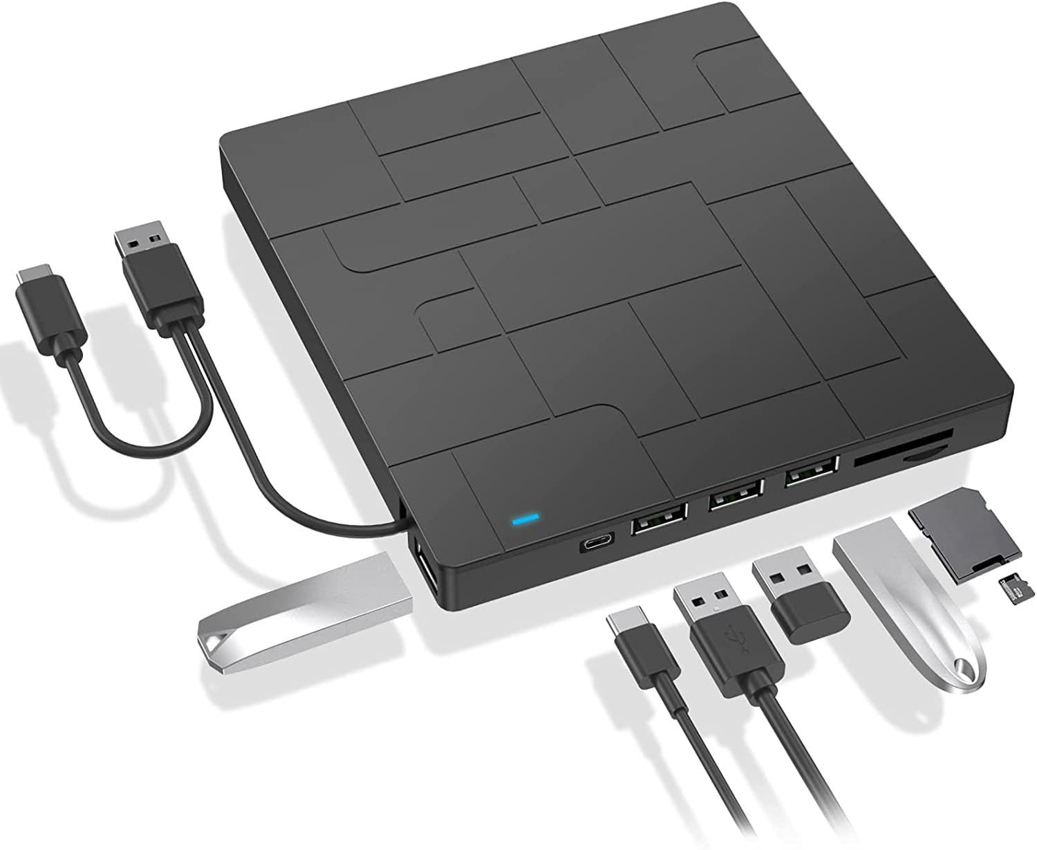 External CD/DVD Drive for Laptop, USB 3.0 Type-C DVD Player CD Burner ROM +/-RW Optical Reader Writer, Disk Drive with 4 USB Ports and 2 SD Card Slots for Windows/7/8/10,OS and Linux (Black)