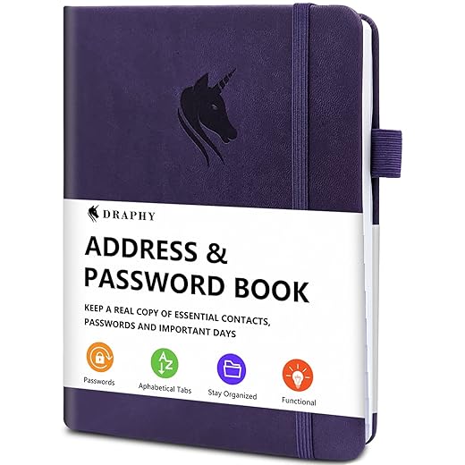 DRAPHY Address Book with Alphabetical Tabs, Elegant PU Leather Telephone Book, Hardcover Address Organizer and Password Keeper - Record Contacts, Anniversaries, Birthdays 5.2x7.7" (Purple)