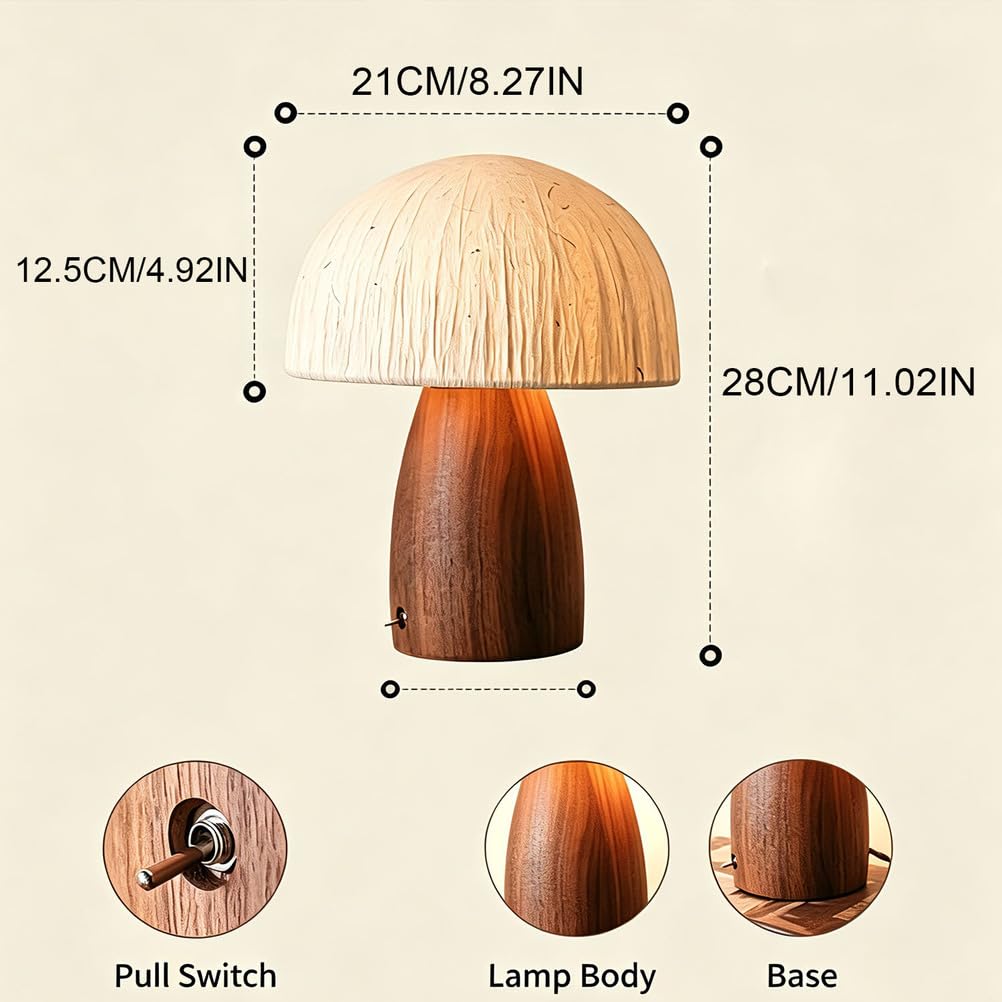 Lampada da Tavolo Fungo Paralume Carta Base Legno Comodino