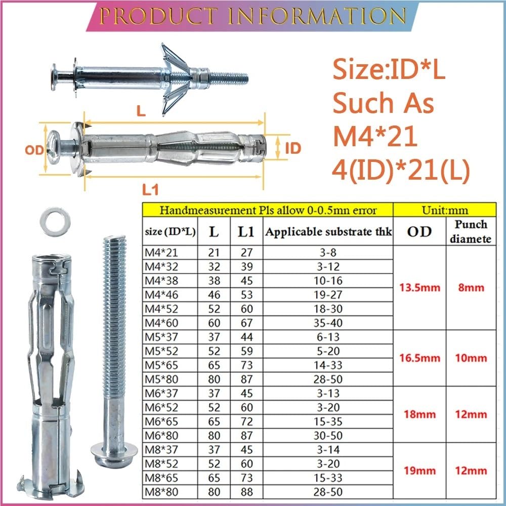 M4 M5 M6 M8 Pernos de yeso Tuercas Tornillos de expansión for paneles de yeso Perno Tubo Pared Techo Anclaje Tubo Fijación de tubería Tapón hueco(M8x80 MM,21 PCS)
