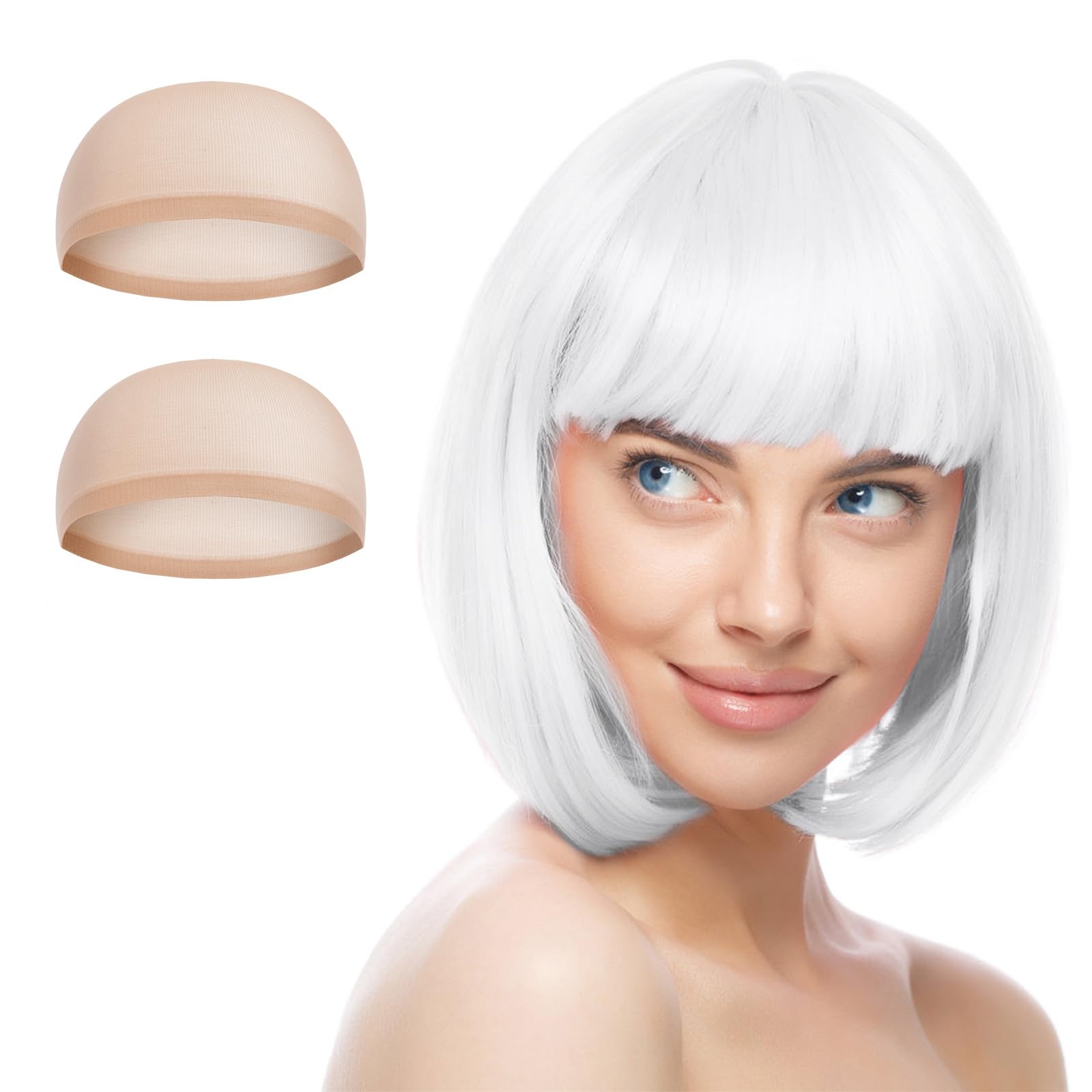 Aomig 3 Pack Short White Bob Wigs Set including 2 Wig Cap, Neon Fancy Dress Accessory Cosplay Party Wig