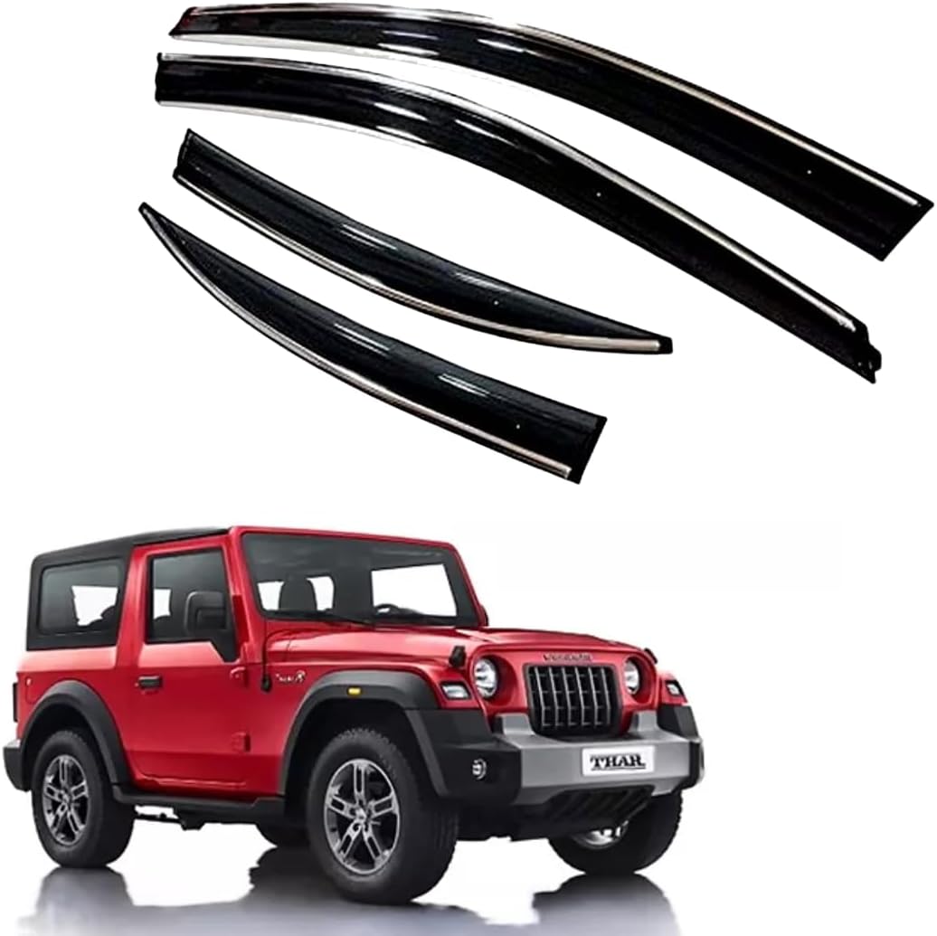 Premium Chromeline & Silverline Unbreakable Car Rear Window Wind Deflectors & Side Door Visor Rain Guard Compatible with (Mahindra Thar (2020 Onwards))