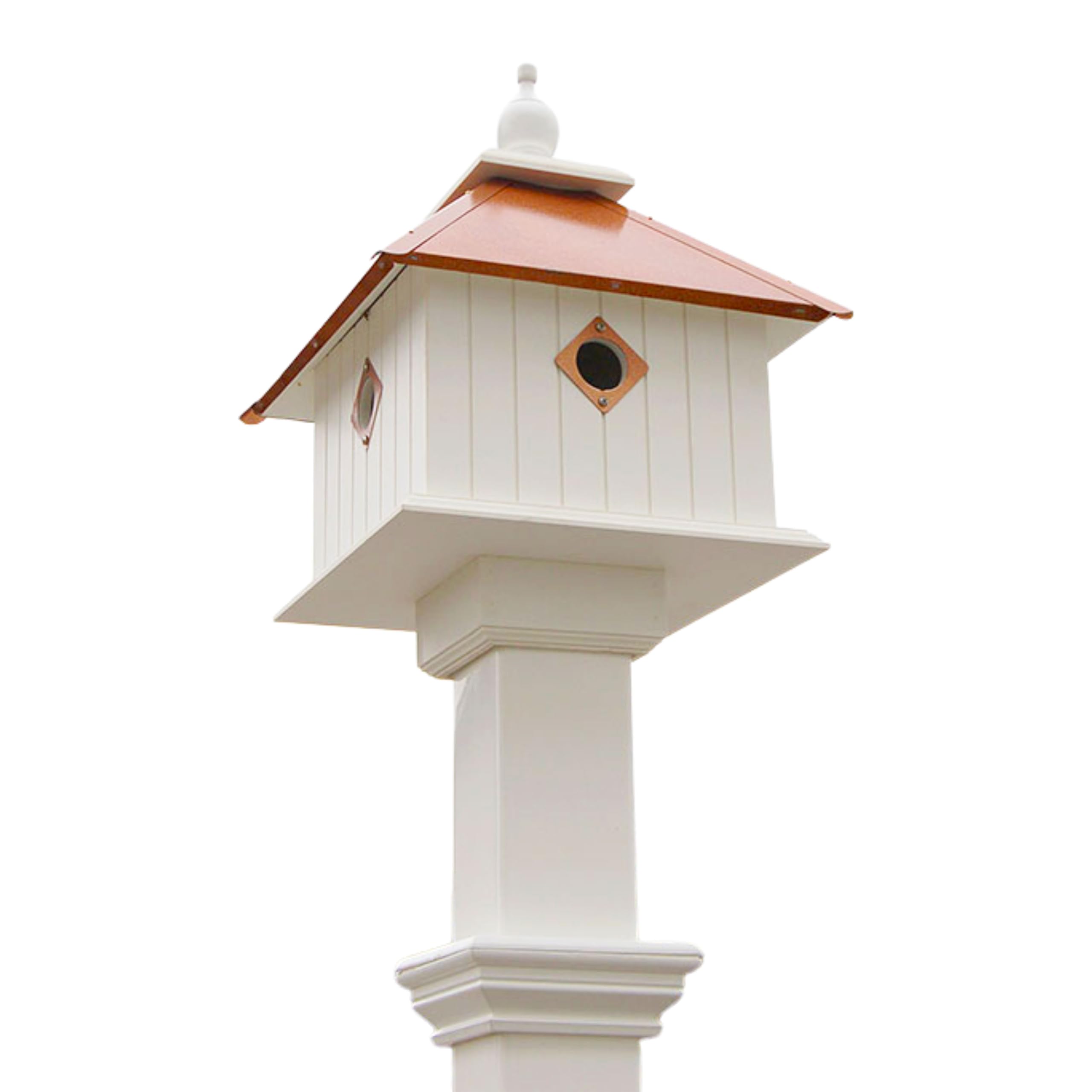 Carriage Bird House & Decorative Mounting Post – White PVC Birdhouse with Copper-Colored Roof & 1.5" Openings, Vinyl Post with Ground Anchor, Elegant