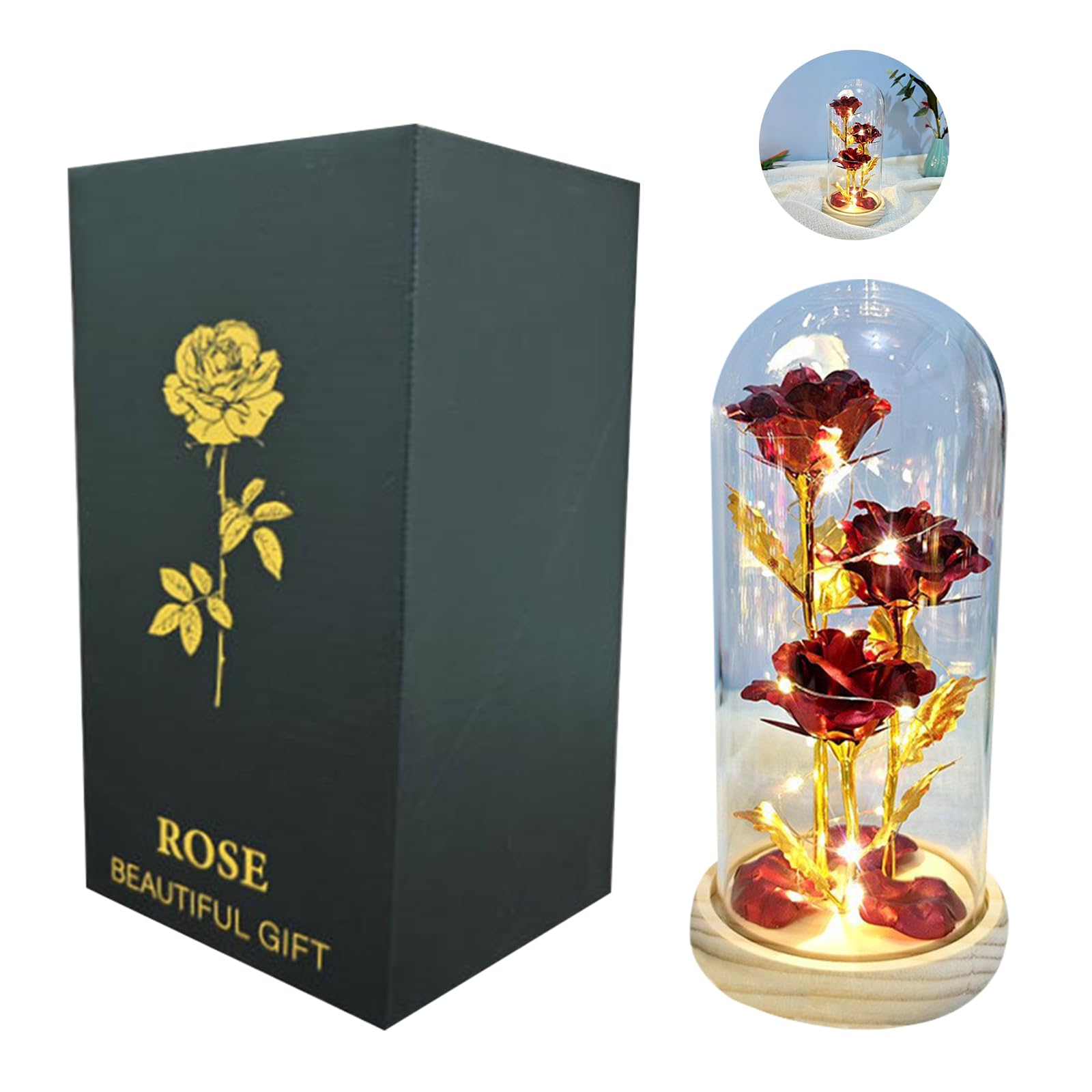 Eternal Rose Gifts for Her, Infinity Light Up Rose in Shatterproof Acrylic Dome with Eco-Friendly Wood Base, Artificial Flower Lamp for Valentines Day Mothers Day Anniversary Birthday (Gold Red)
