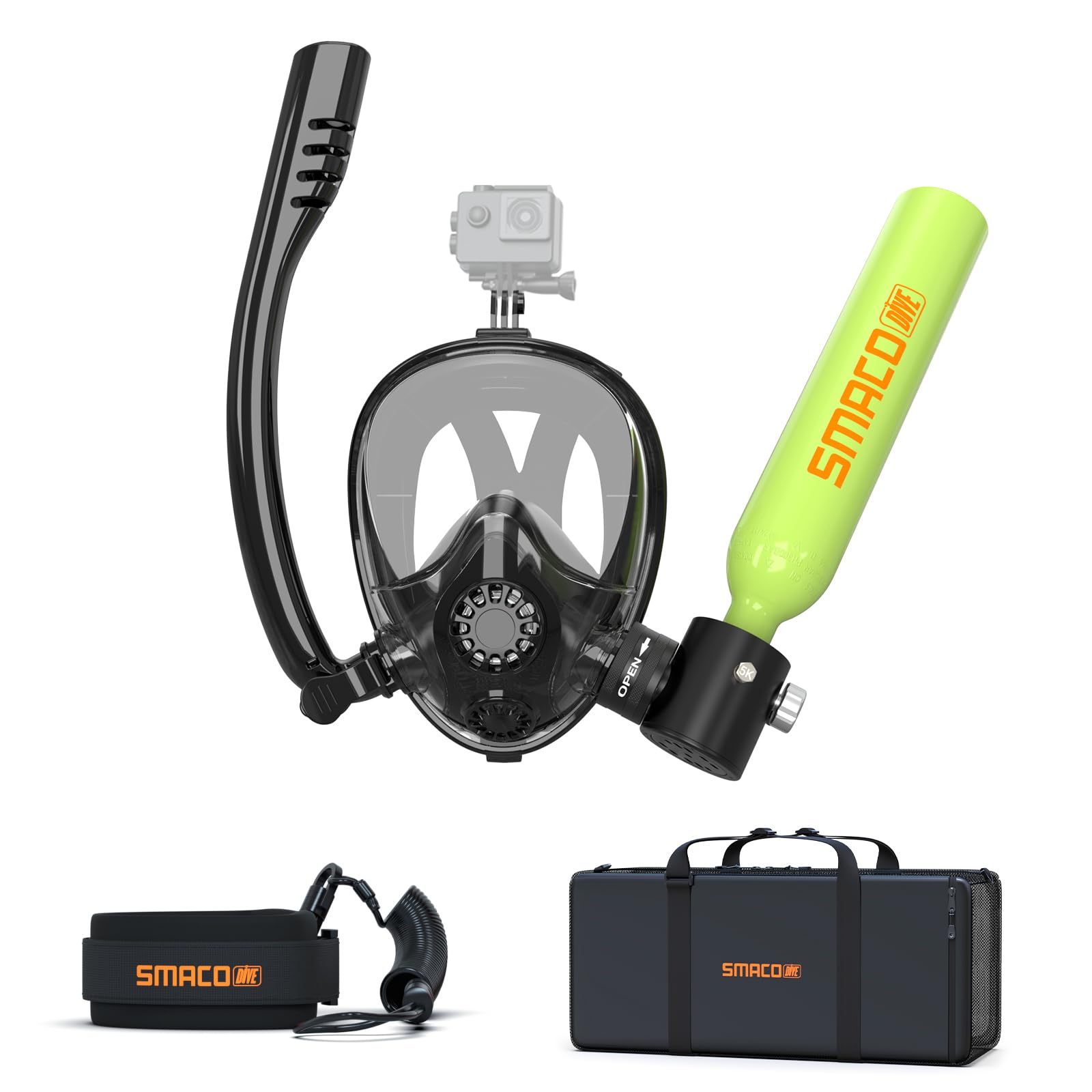 SMACO Mini zbiornik do nurkowania z maską do nurkowania 0,5 l przenośny mały zbiornik do nurkowania z maską do nurkowania na całą twarz, wielokrotnego użytku, zestaw cylindrów do nurkowania, do