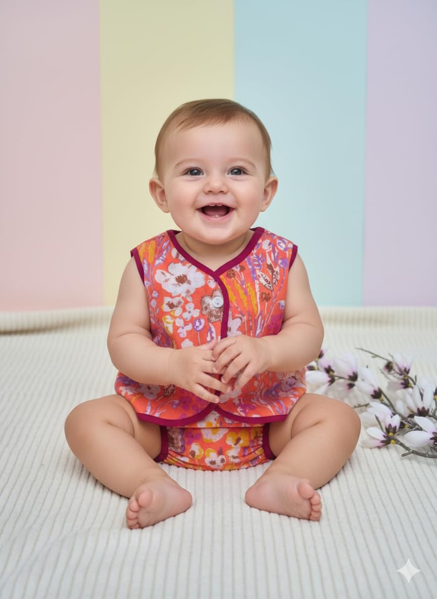 COTTON CUDDLE 100% Cotton Unisex Newborn Baby Jhabla with Nappy Soft & Cozy for Boys & Girls | Multiple Prints for Infant Jablas (Pack of 4), (Color-14, 0-6 Months) 1