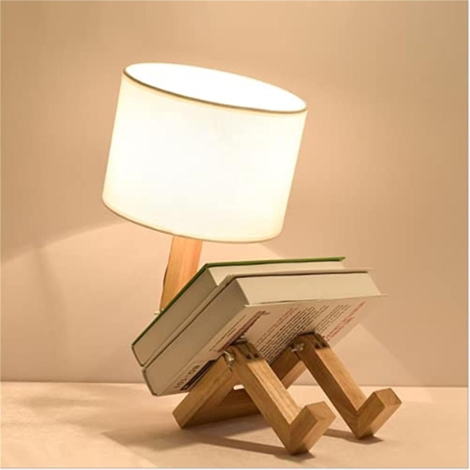 Urocza lampa biurkowa robota, kreatywne lampki nocne, posiada podstawę lampy E27, z kloszem z tkaniny, składanym drewnianym korpusem, do gabinetu, biura, salonu oświetlenie dekoracyjne