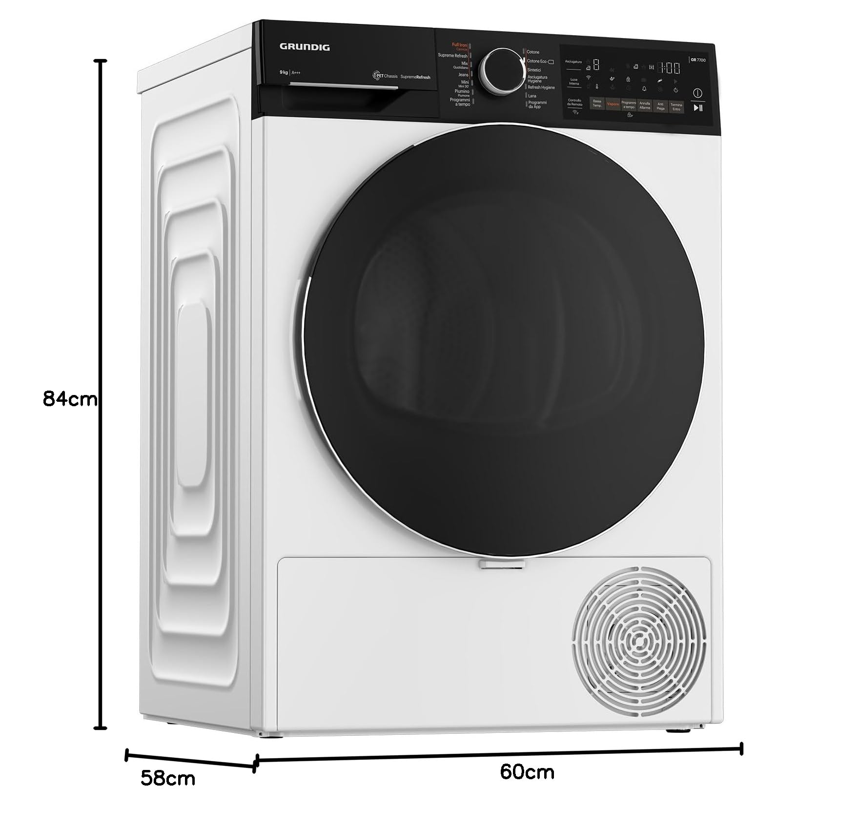 GRUNDIG - GTP6324WI-IT - Asciugatrice 9kg, Classe A+++, Display Touch PRO, VAPORE SupremeRefresh, porta reversibile, Wi-Fi, dba 63 AxLxP 84x60x65,3