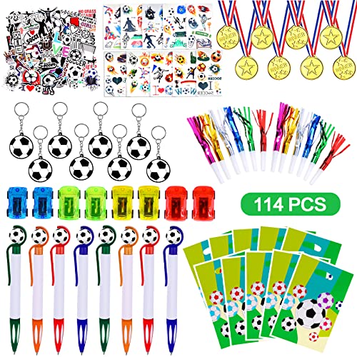 114pcs Fußball Party Mitgebsel Kindergeburtstag Junge, Fussball Deko Geburtstag Kinder, Geburtstagsdeko Stickers Schlüsselanhänger Medaillen Tattoo Trillerpfeife Kugelschreiber Partei Geschenktaschen Cover